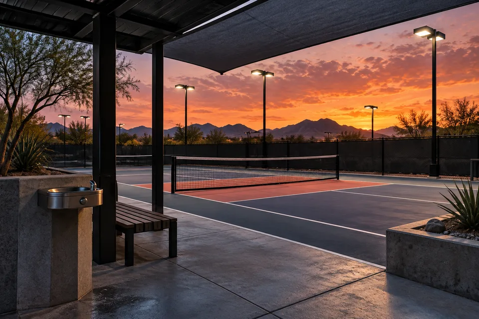 AI illustration of a shaded fictional court with lighting at dusk