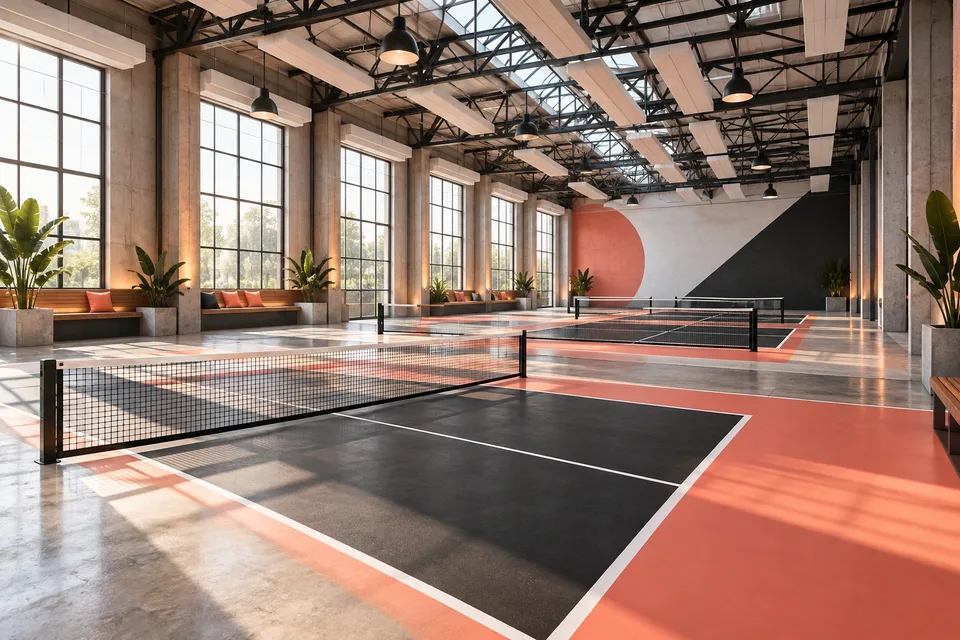 AI illustration of an imagined warehouse converted into an indoor sports hall