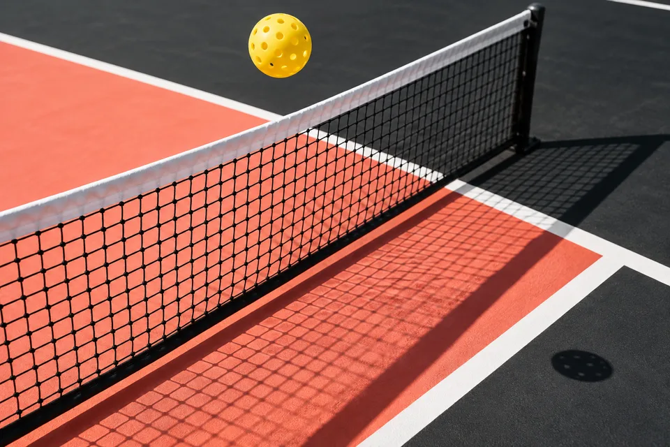 AI concept illustration of a pickleball above a net, with no measured match data