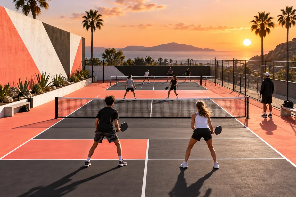 AI illustration of a supervised youth sports session at fictional pickleball courts